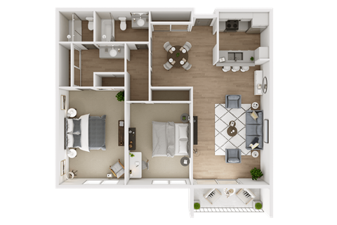 A 3D floor plan of a house with a kitchen, living room, dining room, and two bedrooms.